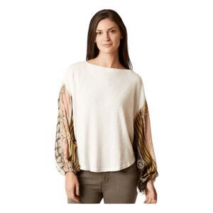 Free People We The Free Blossom Top Cream Pink Brown Thermal Floral Long Sleeves